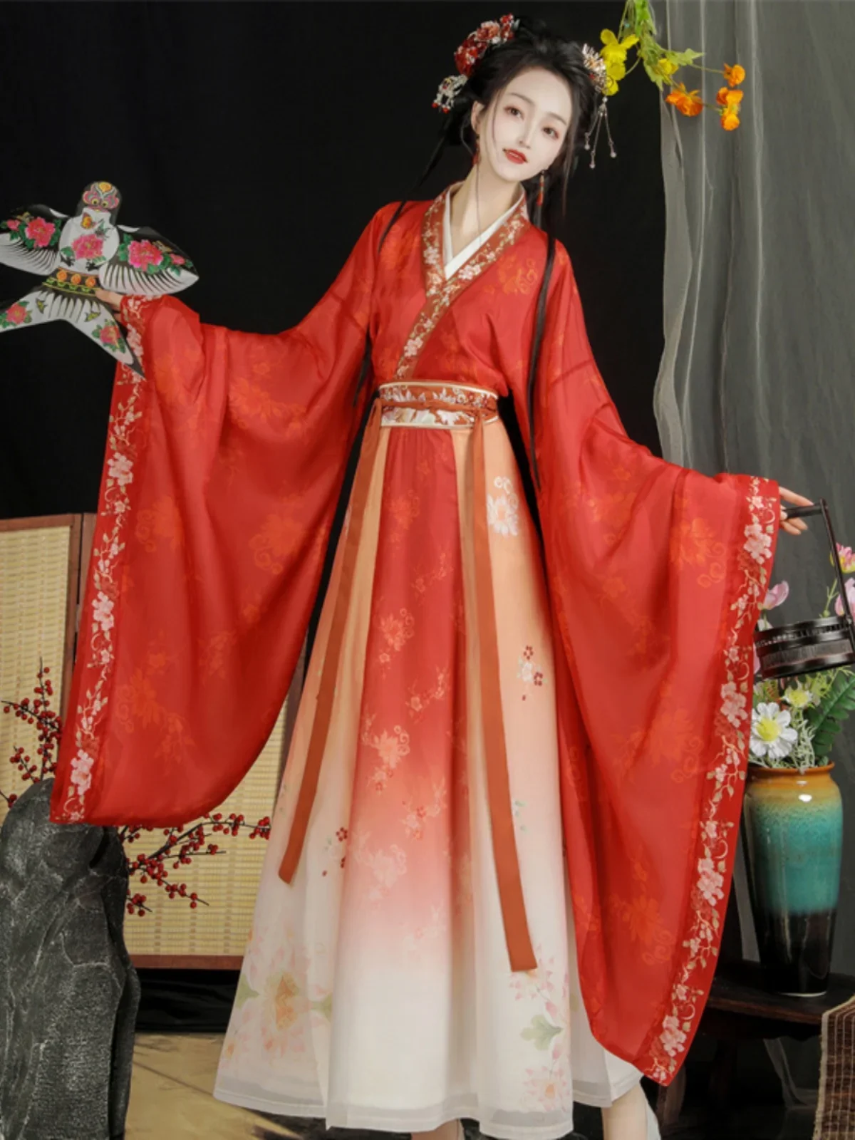 chinese traditional dress Hanfu women Wei-Jin style cross collar wide sleeves waist length embroidery broken skirt