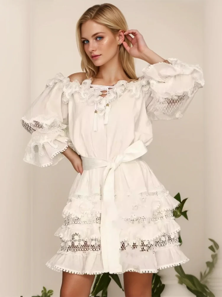 

SEQINYY Elegant Mini Dress Summer Spring New Fashion Design Women Runway High Street Vintage Lace Hollow Out Holiday Ruffles