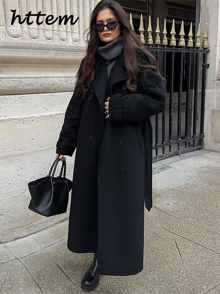 

Street Black Long Trench Coat With Belt Women Loose Lapel Double Breasted Full Sleeve Overcoat 2024 Autumn Winter Lady Outwear
