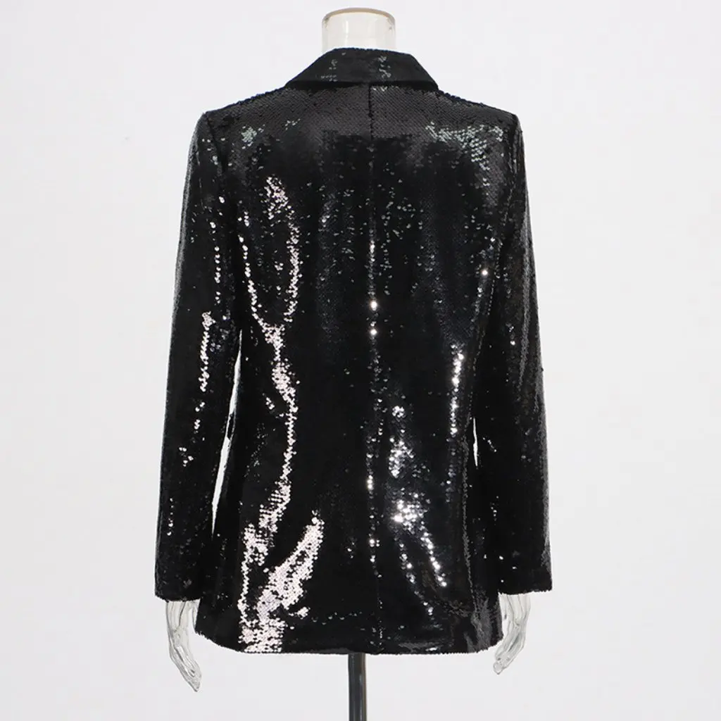 Women's Sequin Design Slimming Suit Jacket V-Neck Square Buckle European And American Style Spring New Top for Women