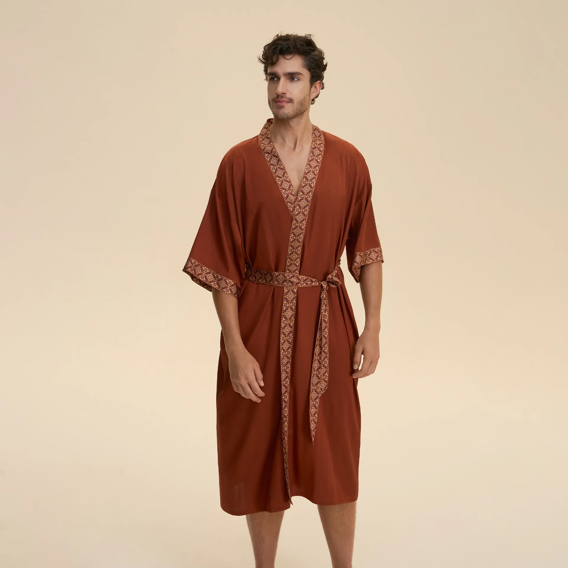 

Men's Sleepwear 2PCS Robe Pajamas Set Baroque Style Kimono Bathrobe Gown Homewear Loose Print Silk Satin Night Wear Loungewear