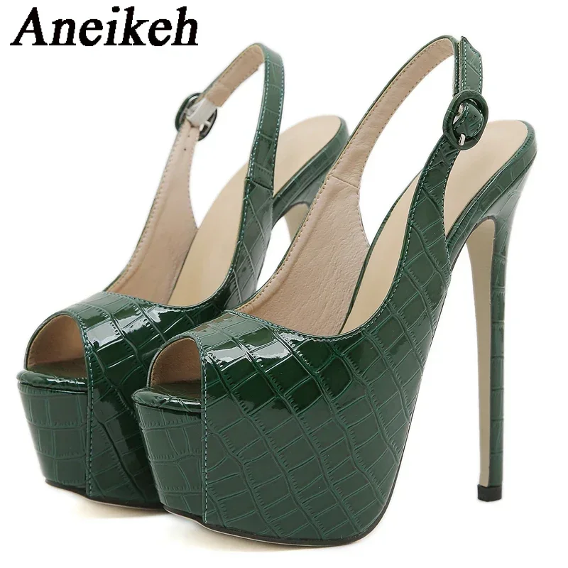 Aneikeh 2025 primavera otoño Mujer zapatos de plataforma hebilla trasera correa tacones súper altos zapatos de baile de barra Stiletto Mujer verde