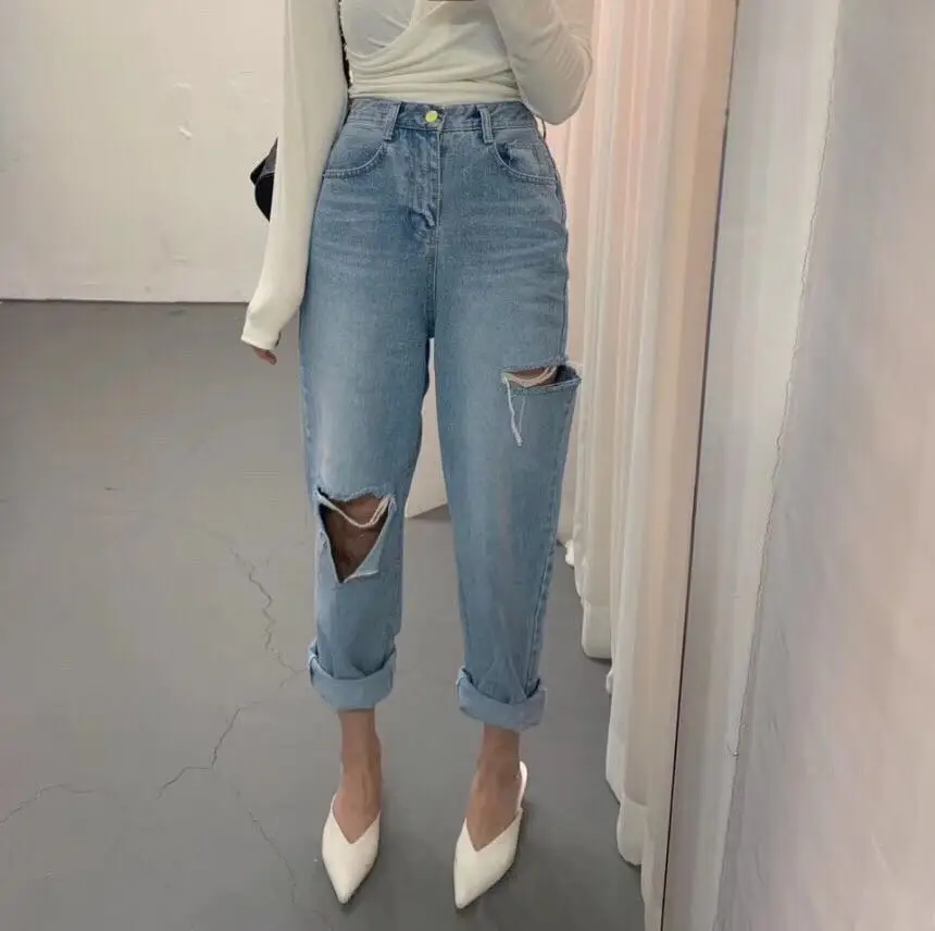 

High Waist Distred Denim Jeans Women's Spring Faion New Waed Loose Hem Straight Leg Nine Points Slimming Dad Pants