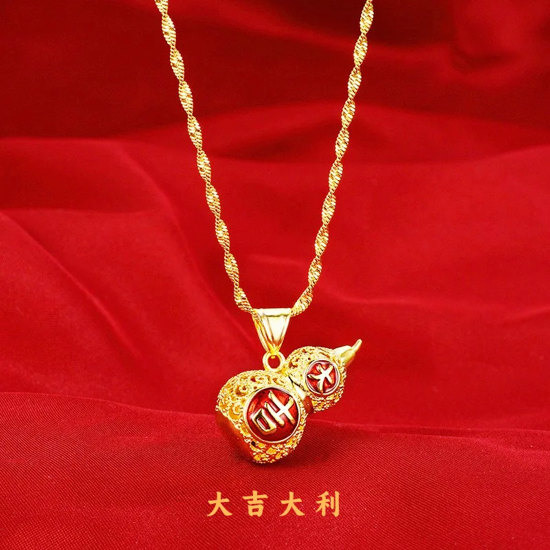 AU999 Gold Clavicle Chain Womens Filigree Gourd Koi Pendant Fortune and Luck Real Gold 24K Pure Gold Ruyi Necklace