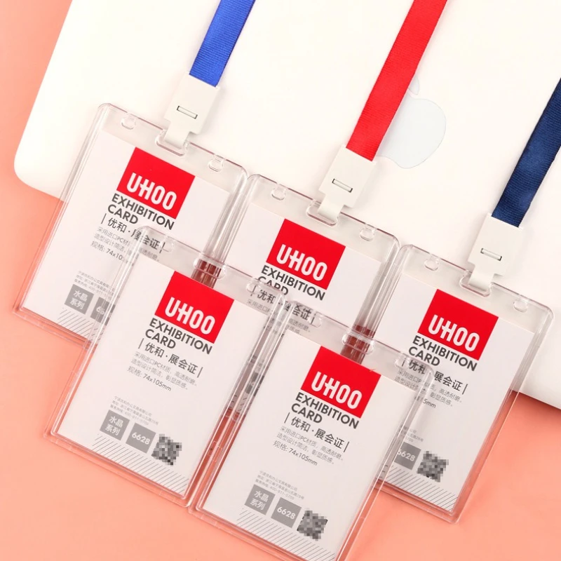 حافظة بطاقات عمل شفافة من الأكريليك السميك للنساء والرجال، حامل بطاقات عمل للموظفين مع حافظة بطاقات عمل بحبل وحامل بطاقة الائتمان