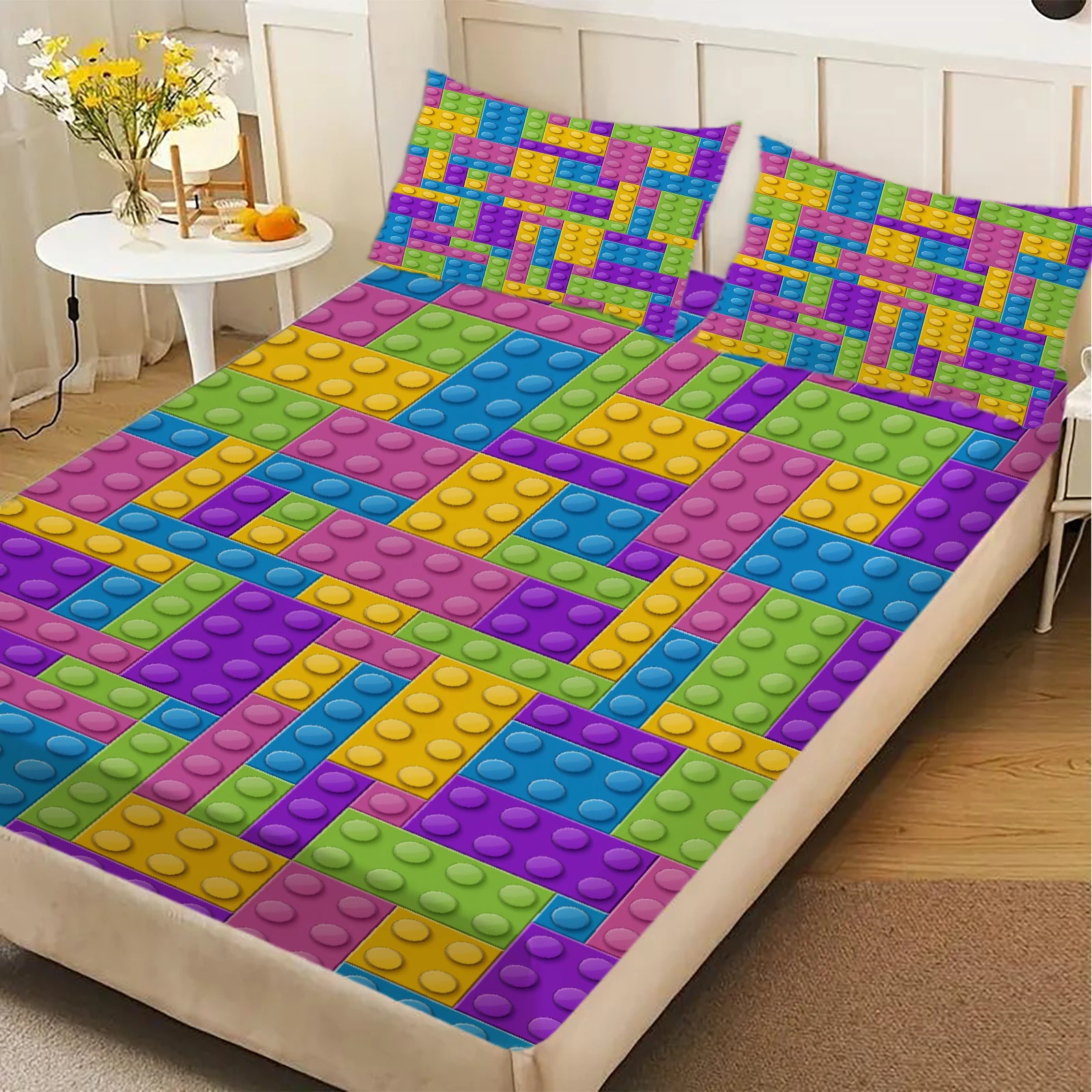 1 Simple modern building blocks printed matte Fitted Sheet, bedroom printed bed cover, bedding (excluding pillowcases)