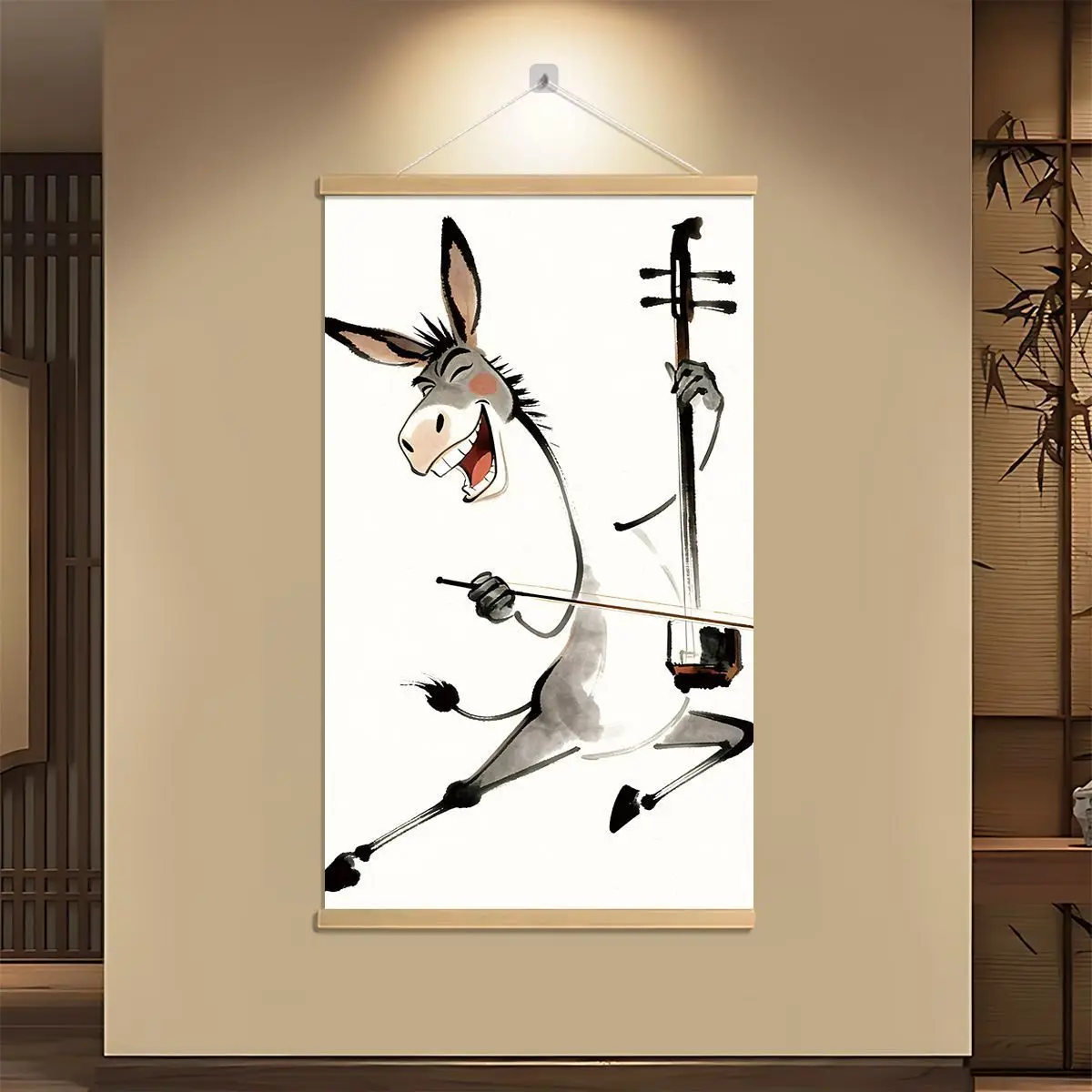 VIKAMA Chinese Ink Donkey Violin Scroll Painting Canvas Wall Art Creative Gift for Living Room Bedroom Office Decor
