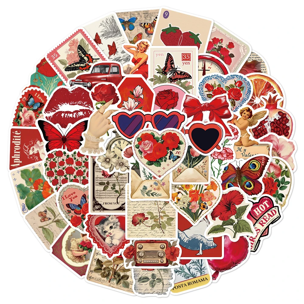 

10/30/50pcs Cartoon Rose Flower Stickers Retro Red Aesthetic Graffiti Decals DIY Notebook Phone Suitcase Sticker Decoration Gift