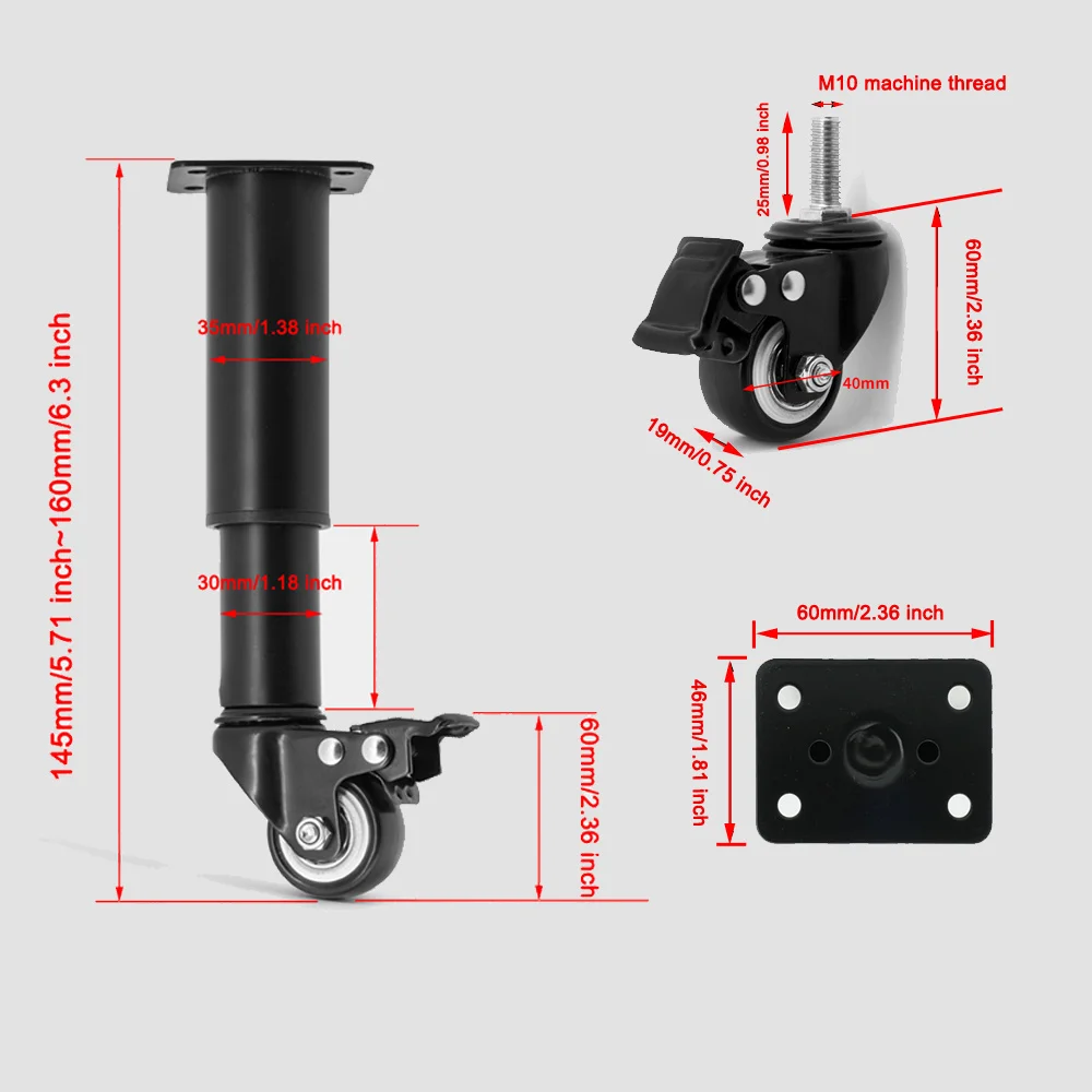 Adjustable Furniture Legs with Swivel Casters, 4pcs Set, Metal Sofa Support Legs, Replacement Table Feet, No Power Needed