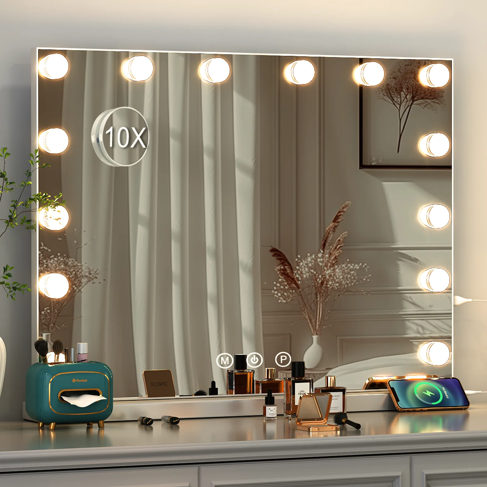 Hollywood Tischspiegel Schminkspiegel Beleuchtung Drei Farben Dimmbar mit 14 LED