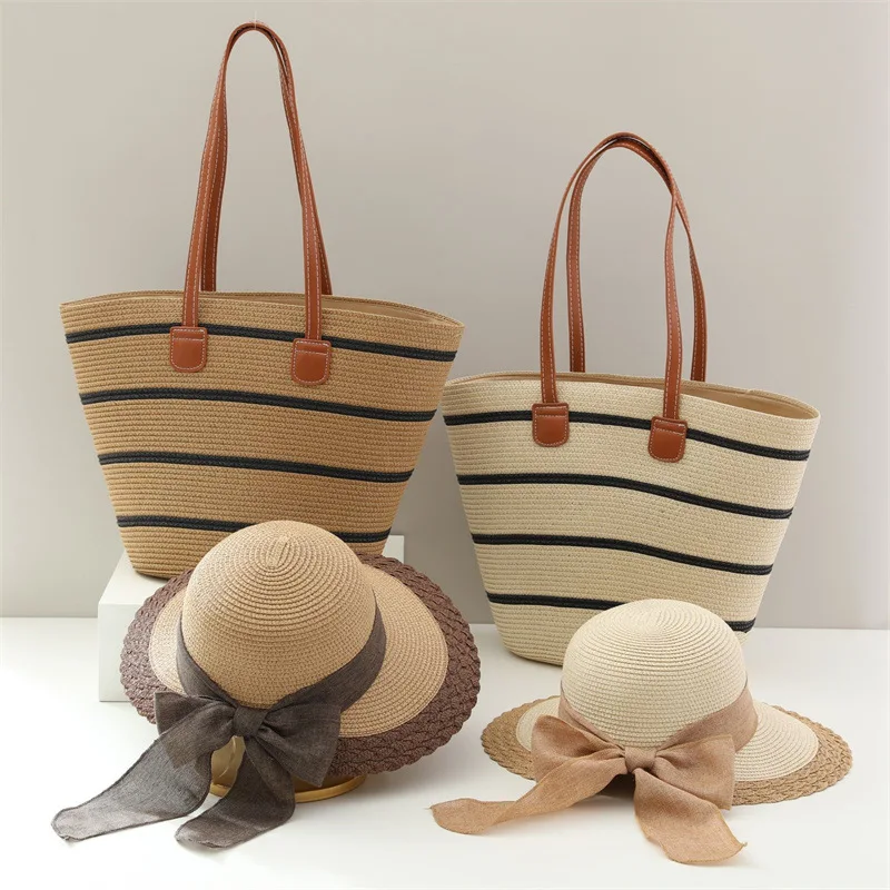 Tow-pieces Set Wide Brim Bow Straw Sun Hat Summer Straw Hat Retro Striped Straw Bag Large Capacity Tote Bag