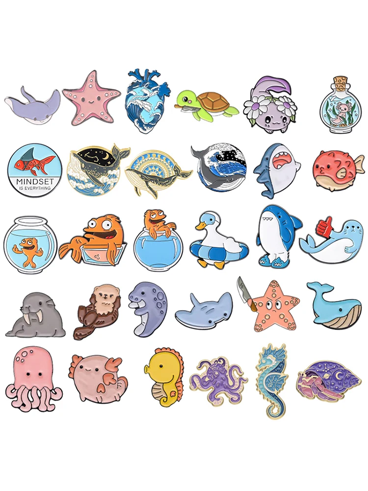 Créatures marines baleine requin Collection émail broches mignon étoile de mer poisson rouge tortue broches revers Badge bijoux cadeaux pour amis
