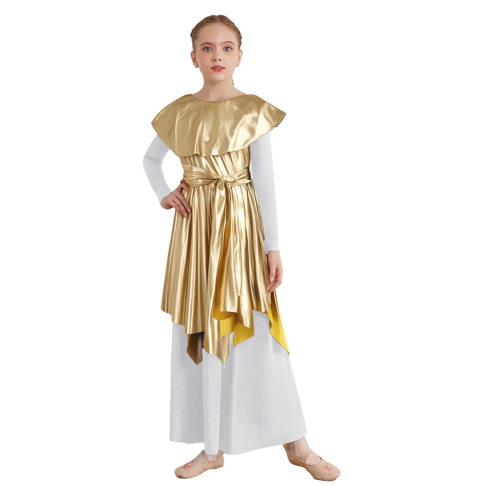 Abito da ballo liturgico per ragazze, tunica da chiesa, costume da festa per cosplay di Halloween, abito da coro con cintura, orlo asimmetrico metallico