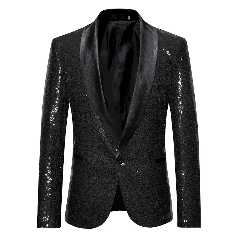 

2026 Men's Suit Jacket, Shiny Sequin Stage Performance Coat, White Silver Blue Red Purple Blazers V-neck Single Button