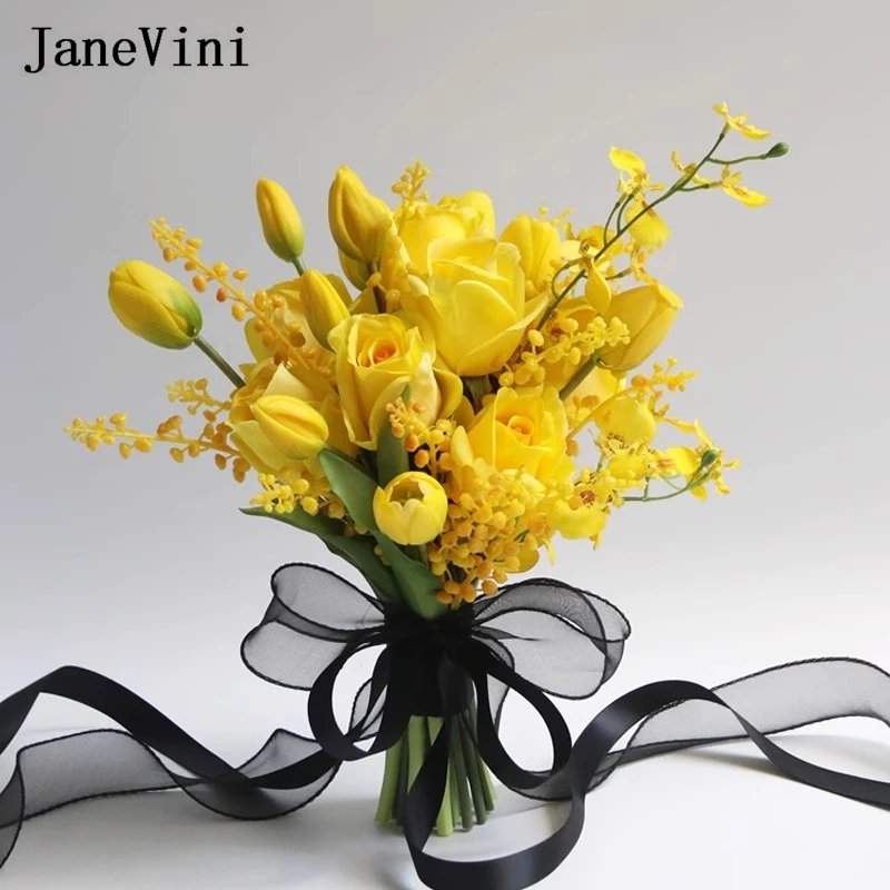 

JaneVini Real Touch Yellow Roses Bride Wedding Flowers Bridal Bouquets Artificial Beach Wedding Hand Bouquet Mariée Buquet Novia