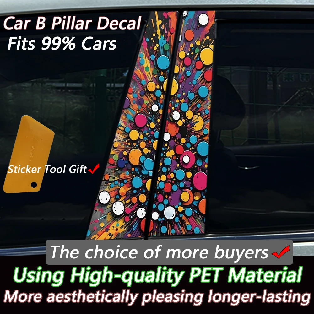 2PCS Cool Pop Art Car B Pillar Stickers Colorful Paint Splatter Dots Auto Window Decal Waterproof Vinyl Styling Accessory
