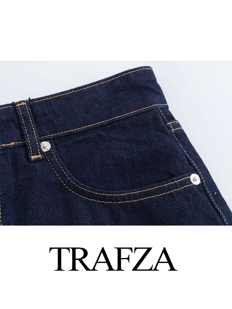 Travza rok Mini A-line wanita, rok Denim pendek ritsleting pinggang tinggi dekorasi kantong musim panas