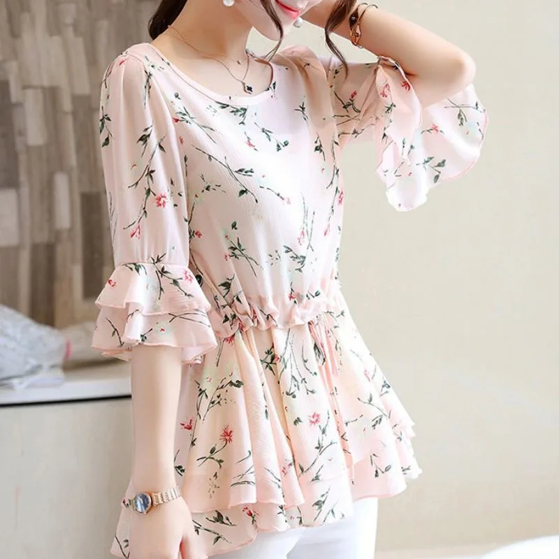 

Sweet Ruffles Printed Shirring Floral Chiffon Blouse Female Clothing 2023 Spring New Korean Pullovers Flare Sleeve Chic Shirt