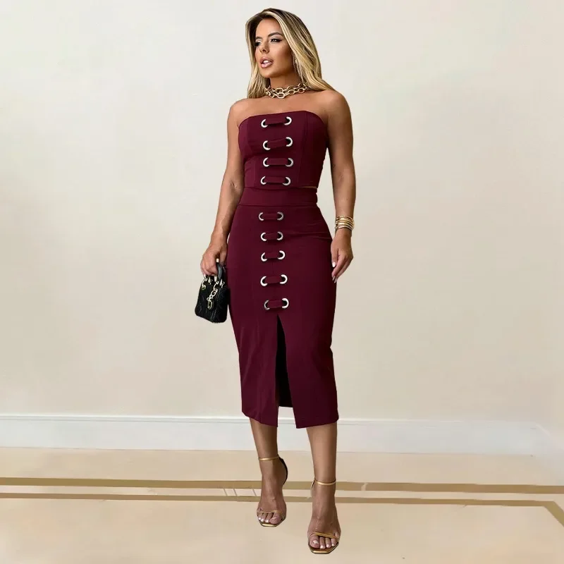 

Women Sexy Tube Crop Tops + Split Bodycon Midi Skirts Solid Grommet Lace Up 2 Piece Set Party Clubwear Suits Casual Streetwear