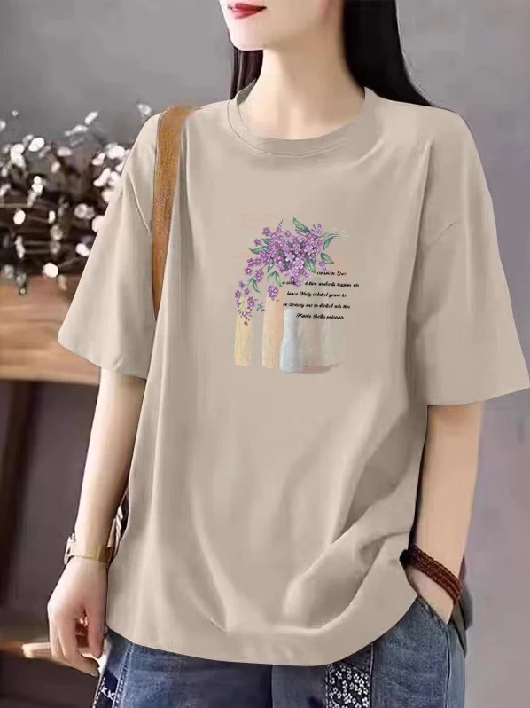 

Летняя женская повседневная футболка из 100% чистого хлопка с принтом, универсальный топ, скрывающий фигуру, в корейском стиле