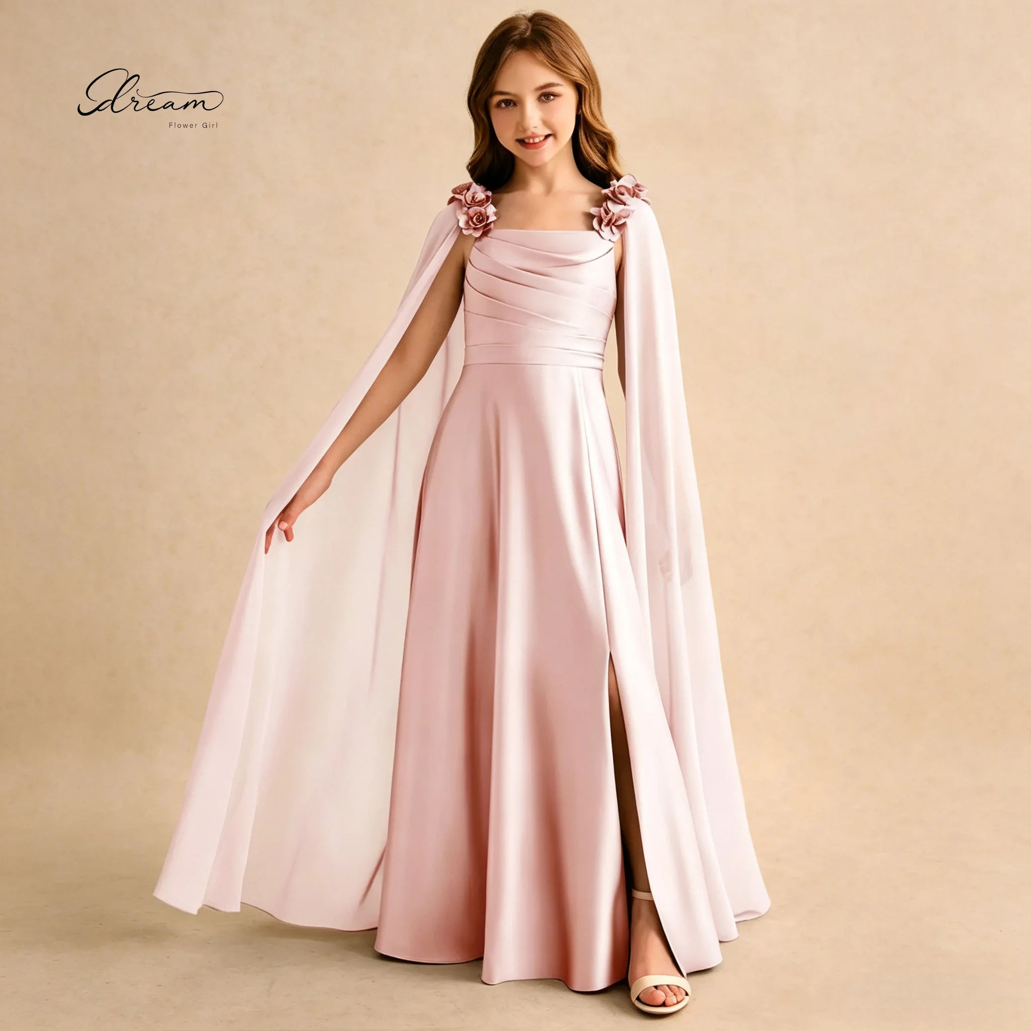 

Blush Pink Satin Flower Square Collar Girl Dress Cape Sleeves 3D Floral Shoulder Appliques Floor Length Kids Formal Evening Gown