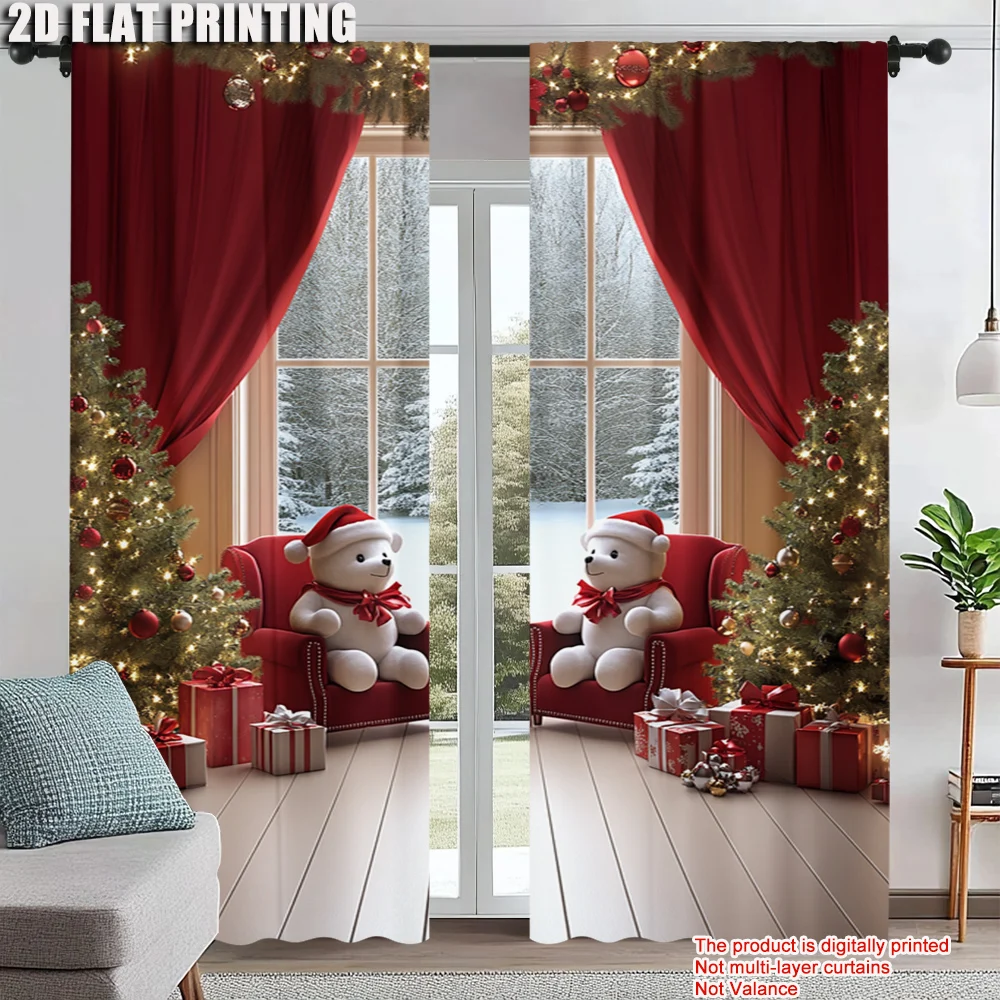 

2Pcs Christmas Themed Window Curtains Gift Box And Bear Design Polyester Material Drapes For Bedroom Living Room Office Decor
