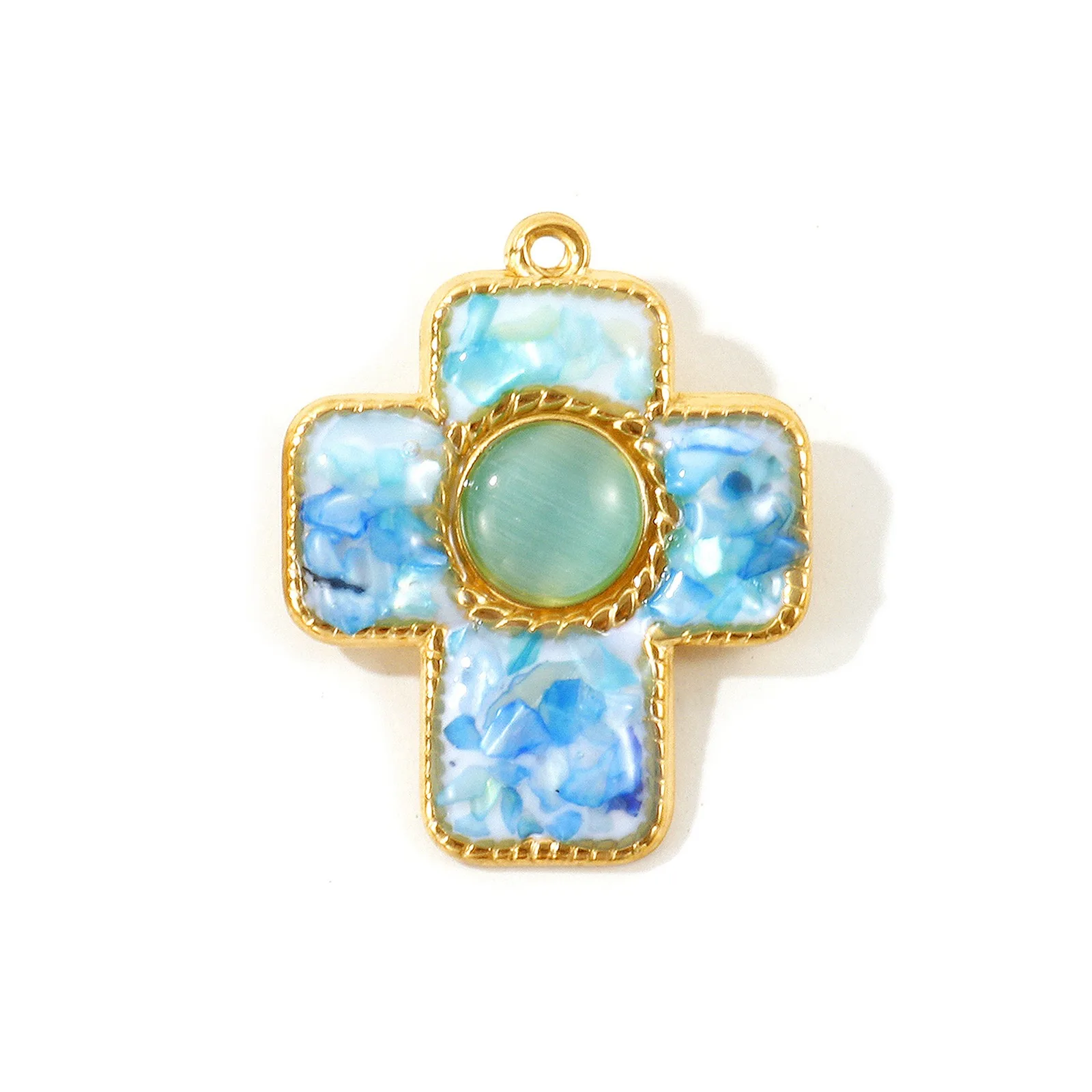1 Stück Mehrfarbiger Naturmuschel-Anhänger 18K Vergoldetes Kreuz Synthetisches Katzenauge Charms für DIY Halskette Schmuckherstellung Großhandel – Detail 7