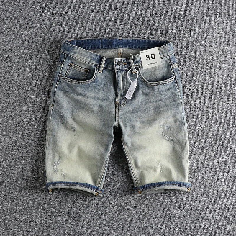 

Retro Faded Washed Jeans Shorts Men Straight Leg Comfortable Youth Five-Quarter Pants Trendy Cotton Stretch Denim