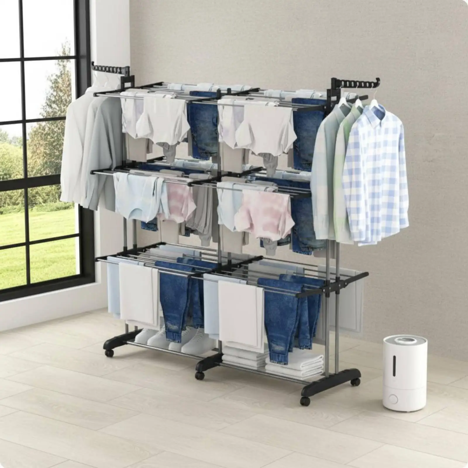 Triple Tier Clothes Drying Rack Extendable Wing Drying Rack Portable for Indoor