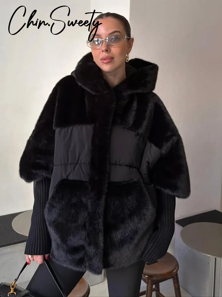معطف نسائي غير رسمي منسوج من الفرو مع قلنسوة بأكمام كاملة معاطف فضفاضة ودافئة وسميكة للسيدات ملابس شتوية أنيقة جديدة لعام 2025