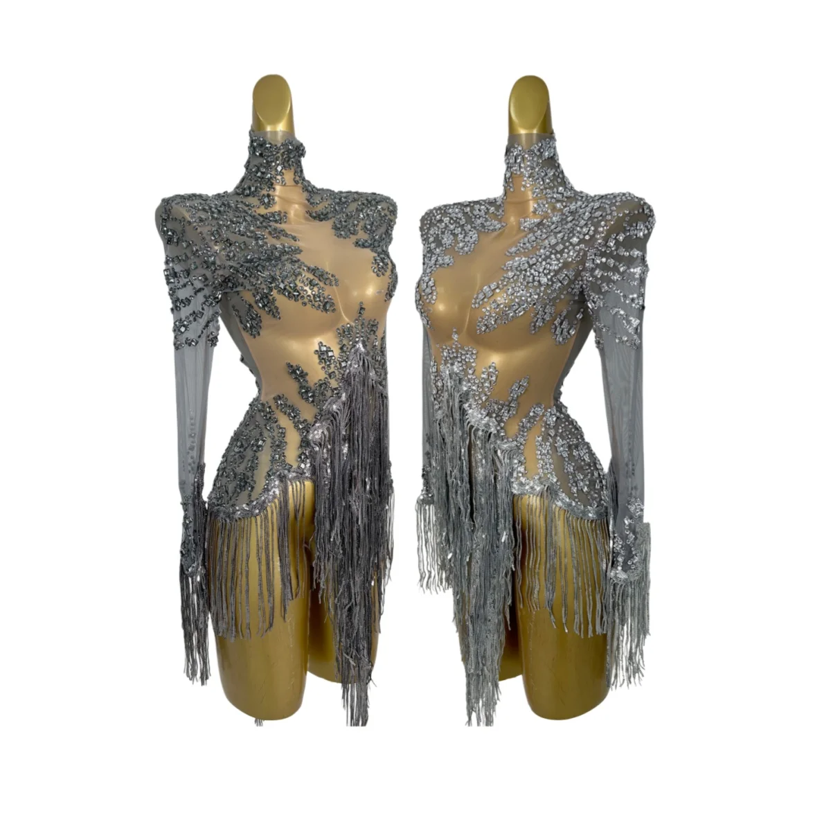 

Sparkly Rhinestone Sequins Tassel Dresses Bodysuit Club Bar Dance Bodycon Mini Dress Birthday Club Showgirl Sexy Mesh Leotard