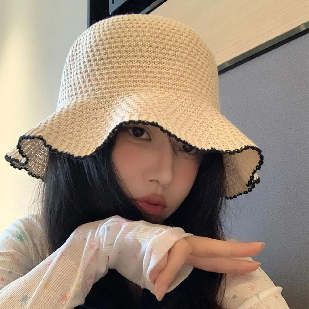 

Fashion Sweet Straw Sun Hat French Style Visor Cap Seaside Beach Cap Temperament Hollow Out Knitted Bucket Hat Girls