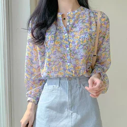 Women Elegant Floral Print Blouse Chiffon Elegant Long-Sleeve Casual Shirt V Neck Loose Korean Office Lady Chic Design Retro Top