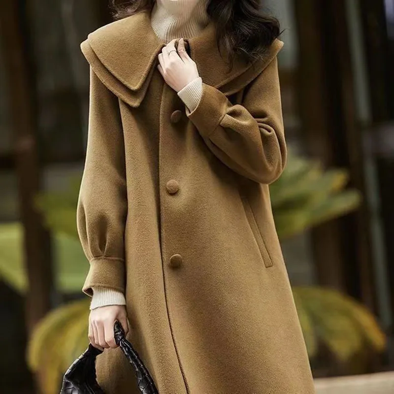 

Women's Outerwear Coat Autumn Winter New Double-sided Woolen Coat Red Doll Collar Double-layer Collar Medium Length Overcoat