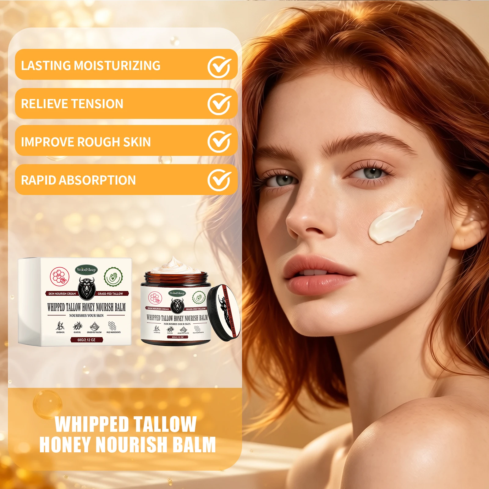 Honey Whipped Tallow Balm Natural Jojoba Olive Grass Fed Face Body Moisturizing Dryness Gentle Care Nourishing Glow Skin Cream