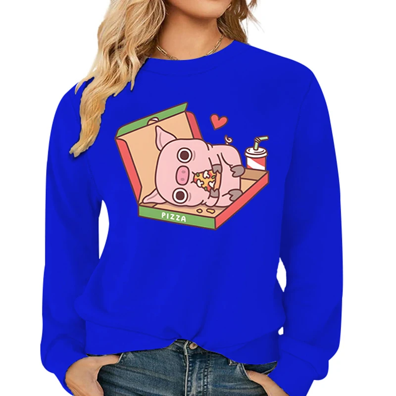 Niedliches Schwein essen Pizza drucken Sweatshirt Frauen Cartoon lässig lose Hoody Mode Langarm Pullover Herbst Tier weibliche Hoodie