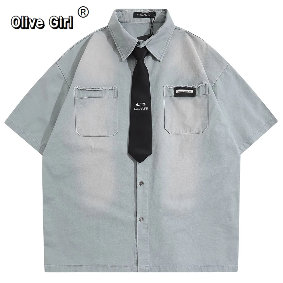 

Olive girl Blouse Hip Hop Oversized Y2K Shirts Vintage Shirts Necktie Unisex Varsity Shirts Summer Loose Short Sleeve Blouse