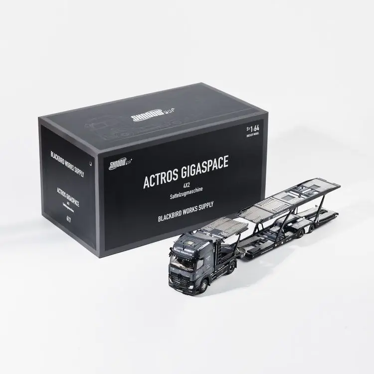 GCD Shadow Pro Diecast 1:64 Mercedes-Benz Actros 1 Towing 8 Car Carrier Black Bird Car Model, Play Vehicles Model Cars