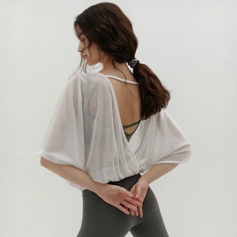 Chic Elegant T Shirt For Women Casual Solid Backless Hollow Out Yoga Tops Jogger Running Shirts Camisetas Aesthetic Clothes