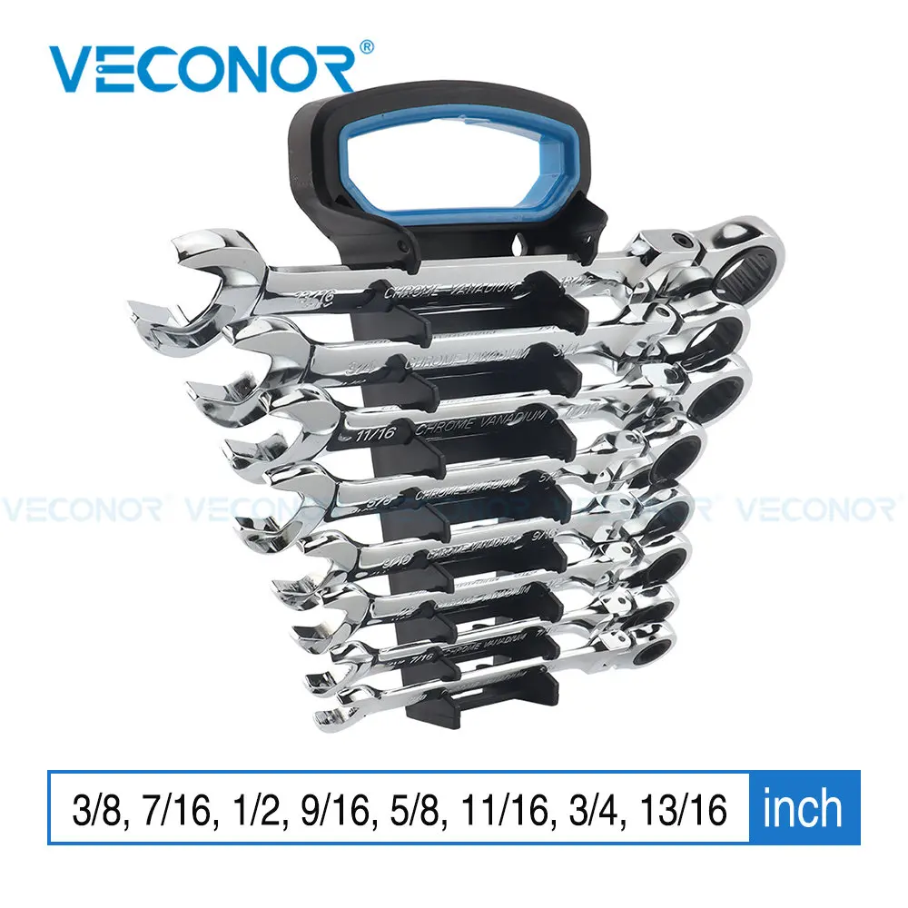 Inch Ratchet Wrench Set of Keys Spanner Set Flexible Head Mirror Polished Chrome Plated Hand Tool with Carrying Rack