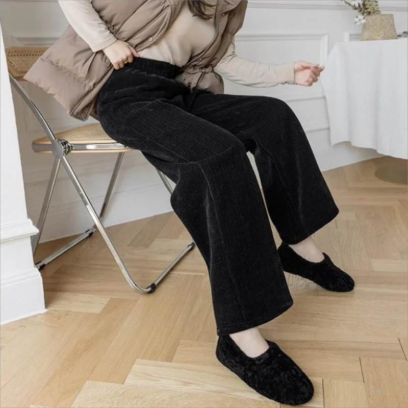 High-waisted Straight Pants 2024 Autumn/Winter New Women's Pants Loose Drape Wide-leg Fleece Lined Black Simple Pants