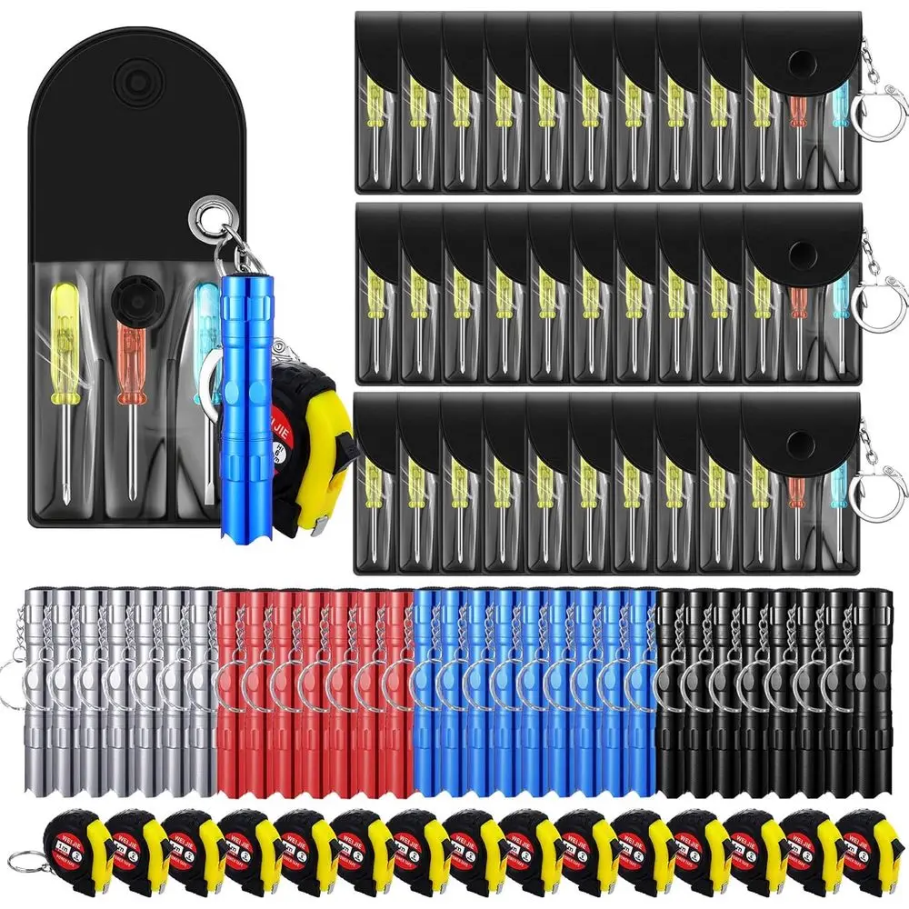 

Mini Screwdriver Tape Measure Keychains LED Flashlights Keychain Set Adult Pinata Stuffers Valentine's Day Neighbor Gifts