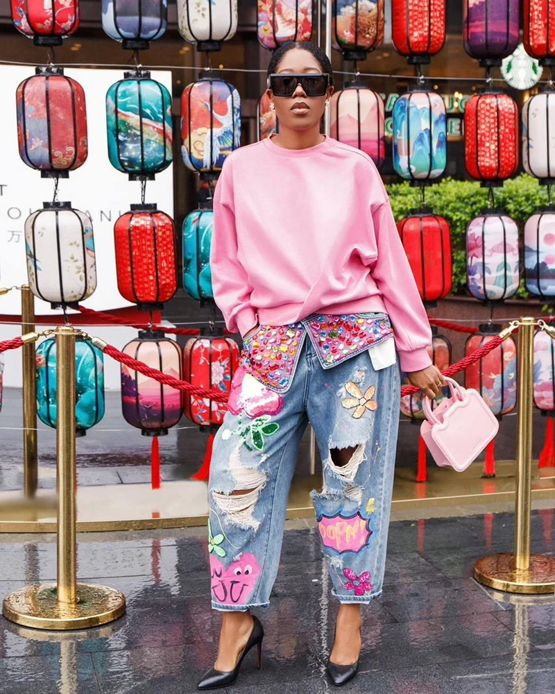 

STYLISH LADY Floral Printed Diamonds Ripped Jeans 2025 Autumn Women High Waist Casual Loose Straight Hole Denim Blue Jean Pants