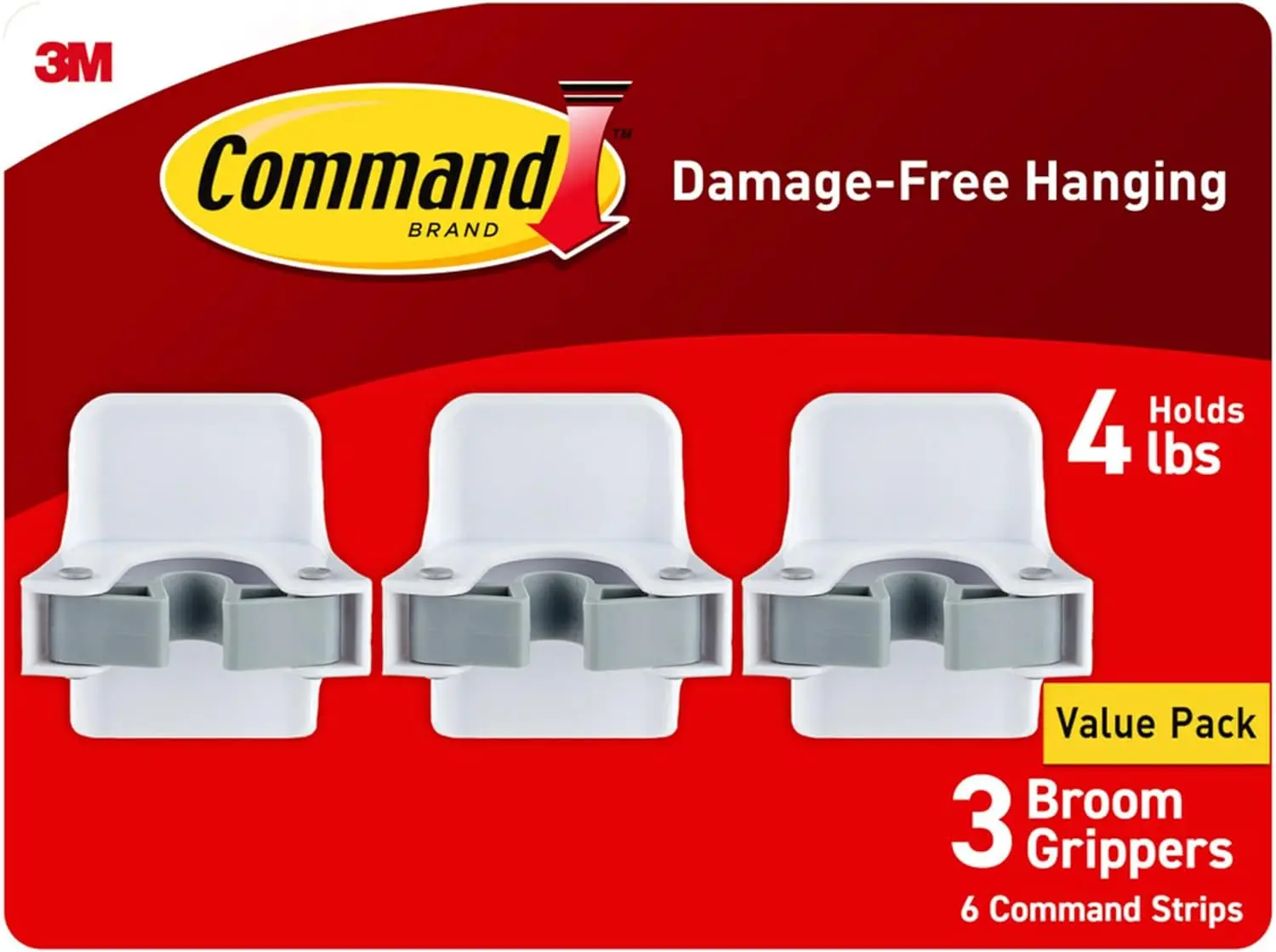 

Broom & Mop Holder Wall Mount, 3 Grippers + 6 Strips, Damage-Free, Holds 4 lb, for Kitchen Laundry Closet
