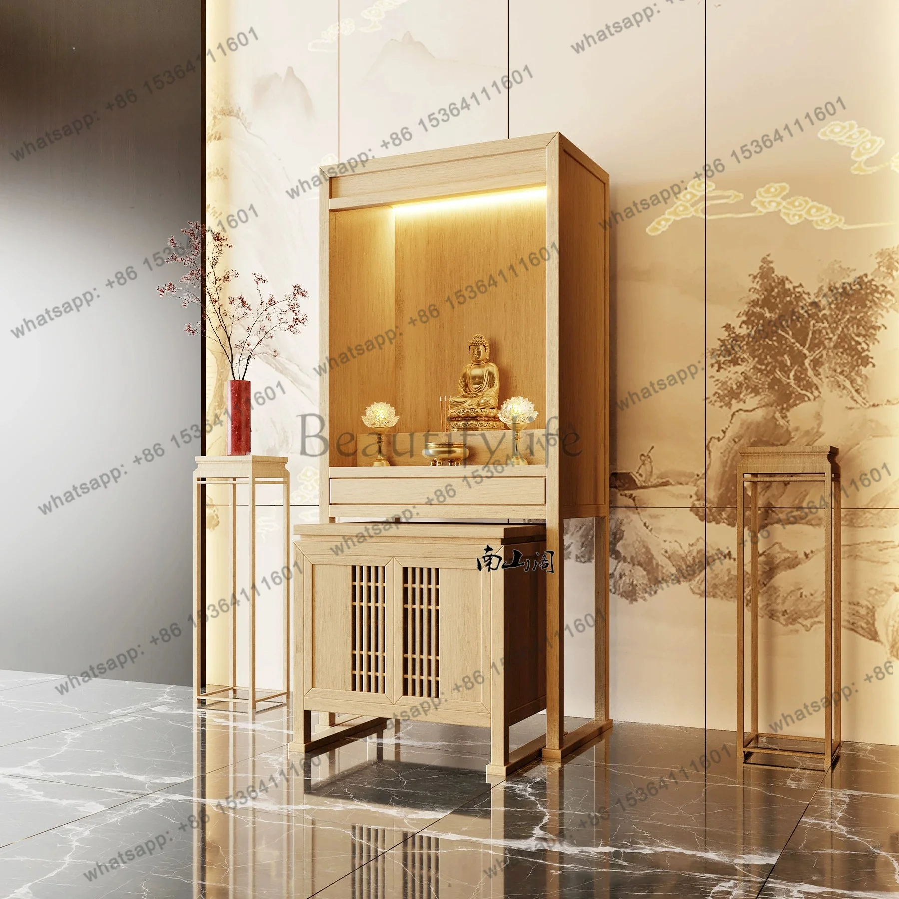 YJ New Chinese Style Home Standing Shrine Cabinet Altar Table For God of Wealth Guanyin Household Worship Unit With Door