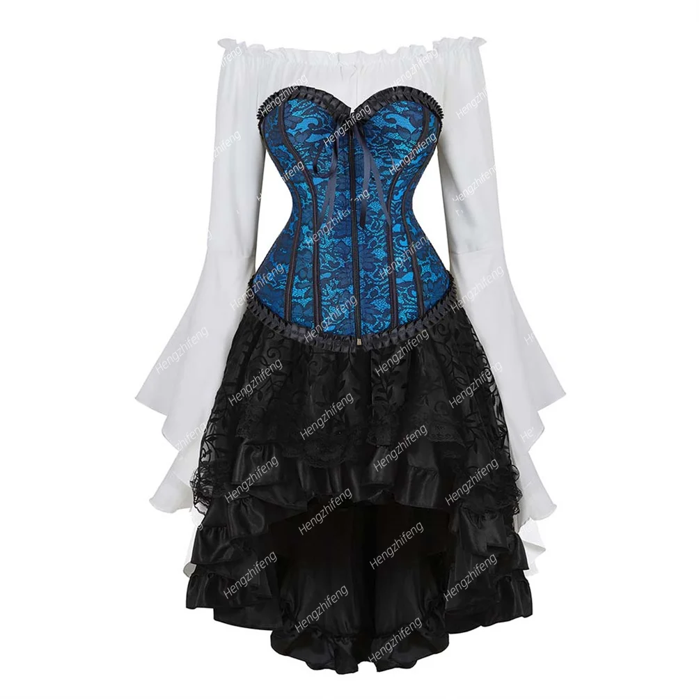 

Corset Steampunk Mujer 3 Piece Outfits Gothic Bustier Skirt with Blouse Set Corsets Vintage Dress Corsage Costume Plus Size