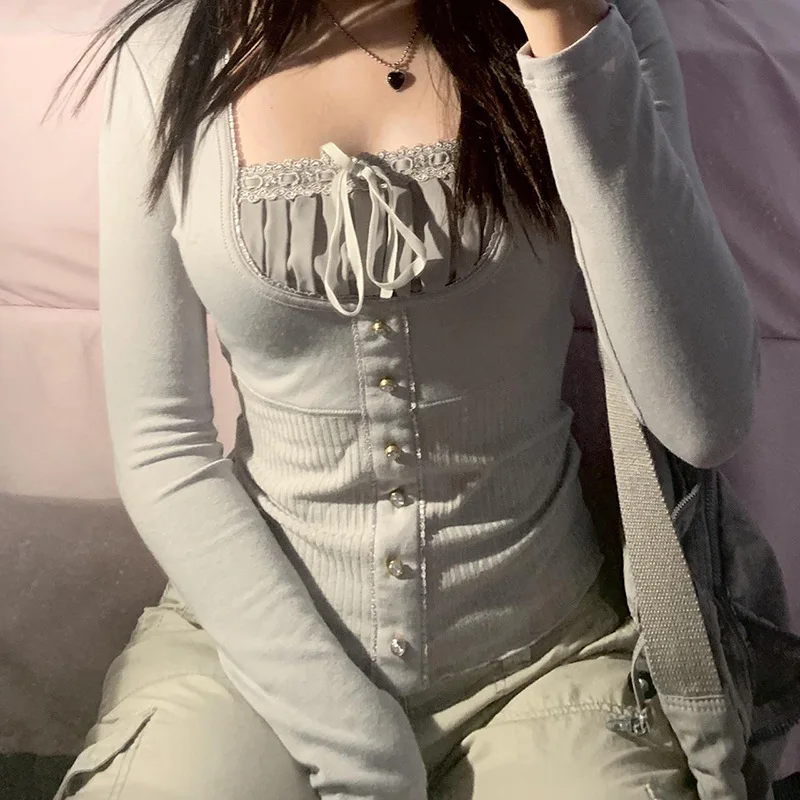 ملابس نسائية جديدة، فتاة حارة على الطراز الأمريكي، بلوزة بأكمام طويلة من الدانتيل، تي شيرت برقبة مربعة مكون من قطعتين