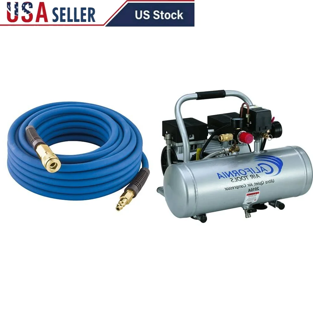 Ultra Quiet 1.0 HP Air Compressor Bundle 50ft PVC/Rubber Air Hose Brass Fittings 300 PSI Operation 2 Gallon Aluminum Tank