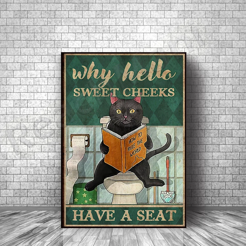 Funny cat bathroom poster, why hello sweet cheeks have seats, bathroom wall art, cat lover gifts, cat art print decor