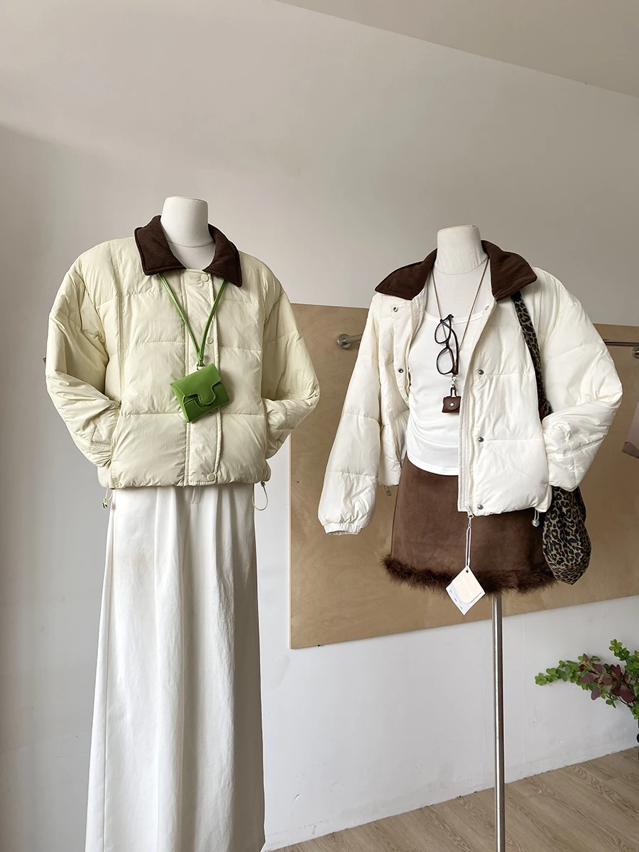 

Winter Thickened Warm Cotton Jacket Women's Loose Fit Collar Stand up Color Block Fashion Casual Outerwear Korean Style